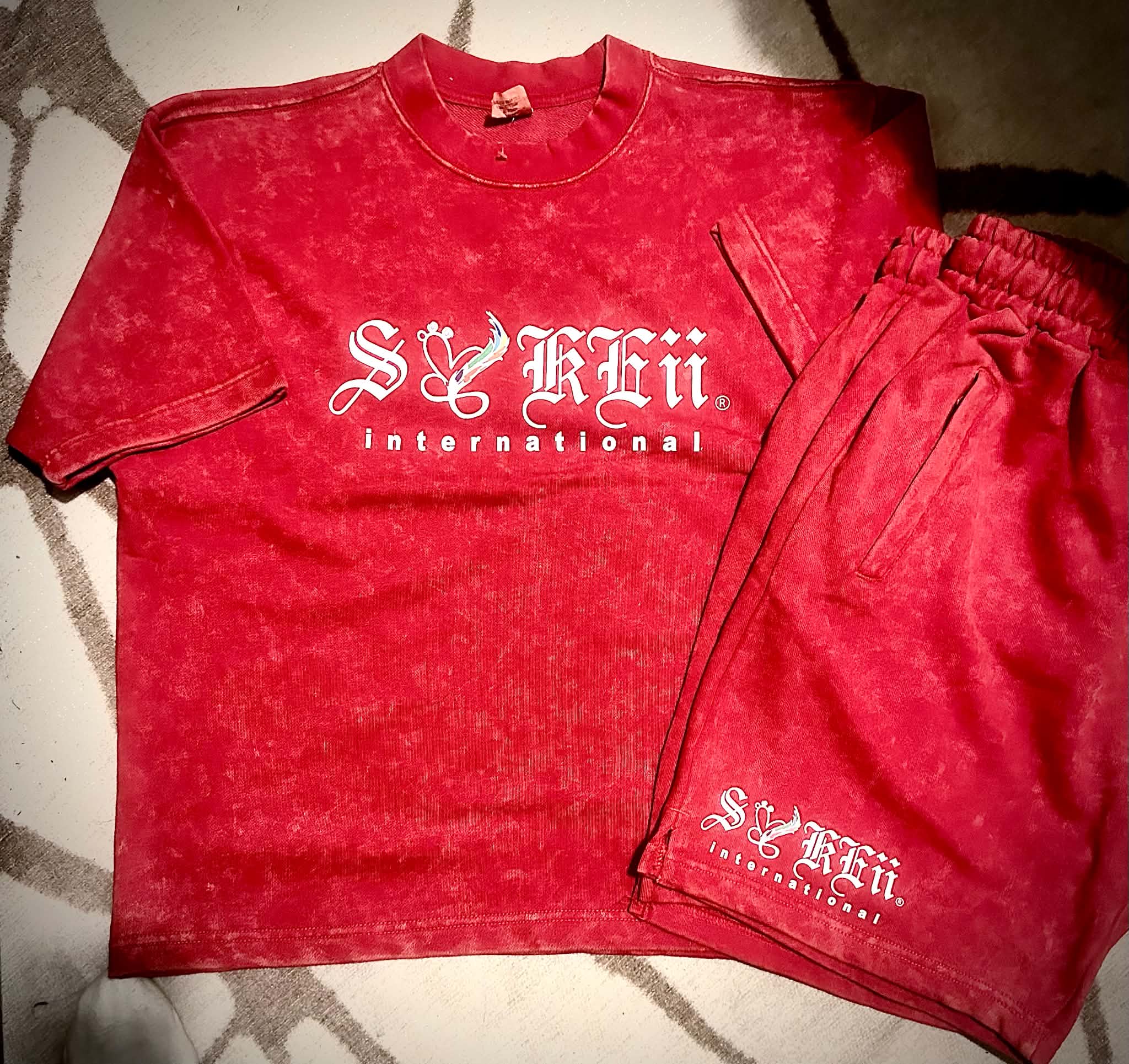 Crimson Red Acid-Wash Streetwear Set
